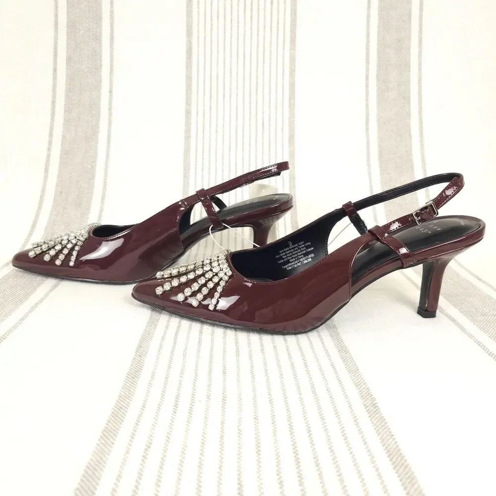 A New Day Kitten Heels Womens 9 Red Patent Slingback Rhinestone Pointed Toe